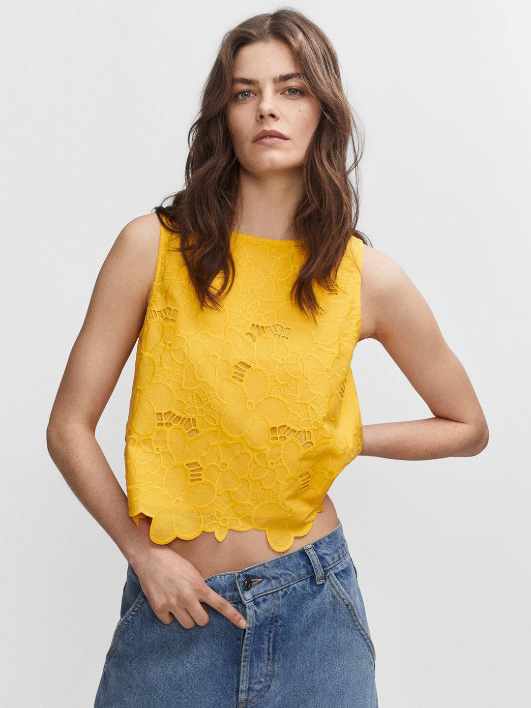 

MANGO Floral Embroidered Cotton Top, Yellow