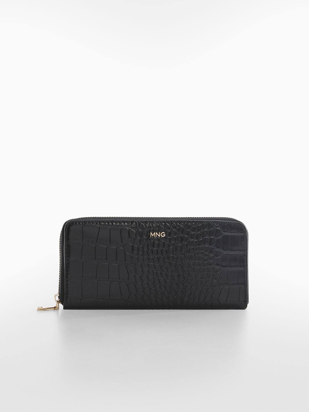 

MANGO Women Croc Textured Zip Around Wallet, Black