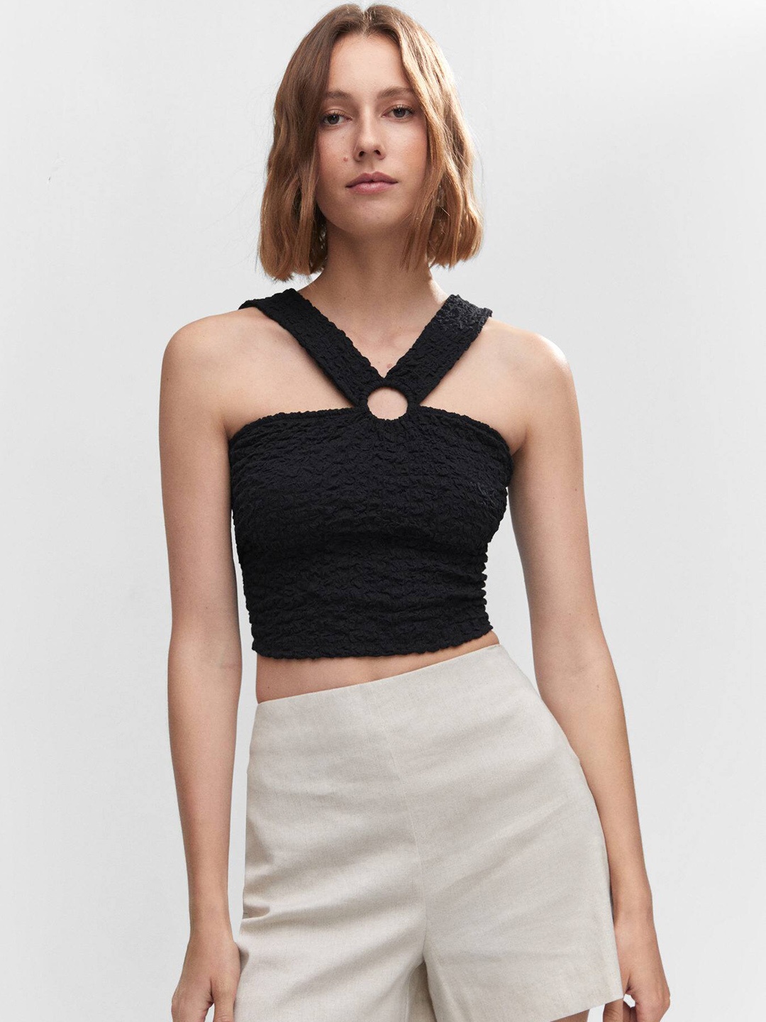 

MANGO Ruched Crop Top, Black