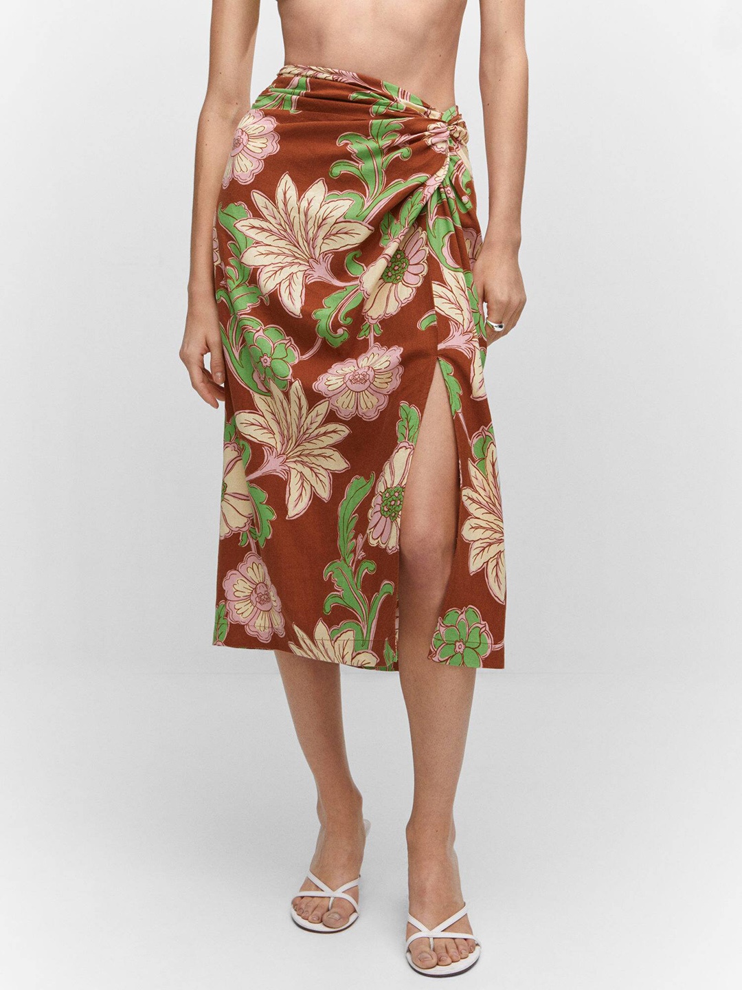 

MANGO Floral Print Knot-Detail Midi Skirt, Brown