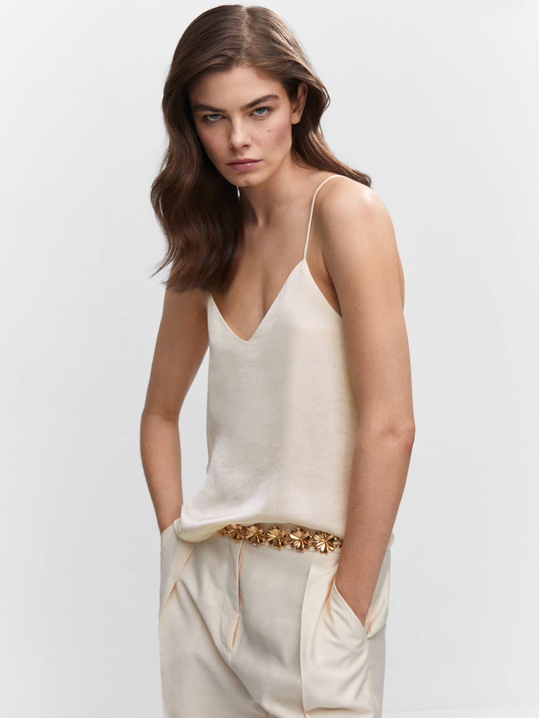 

MANGO Solid Satin Finish Camisole Top, Off white