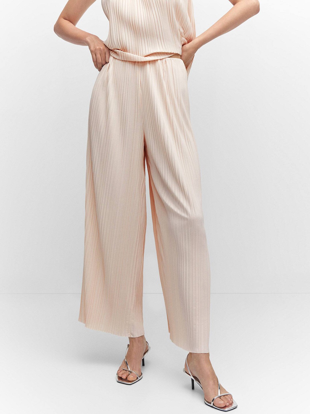 

MANGO Women High-Rise Pleated Wide Leg Trousers, Beige