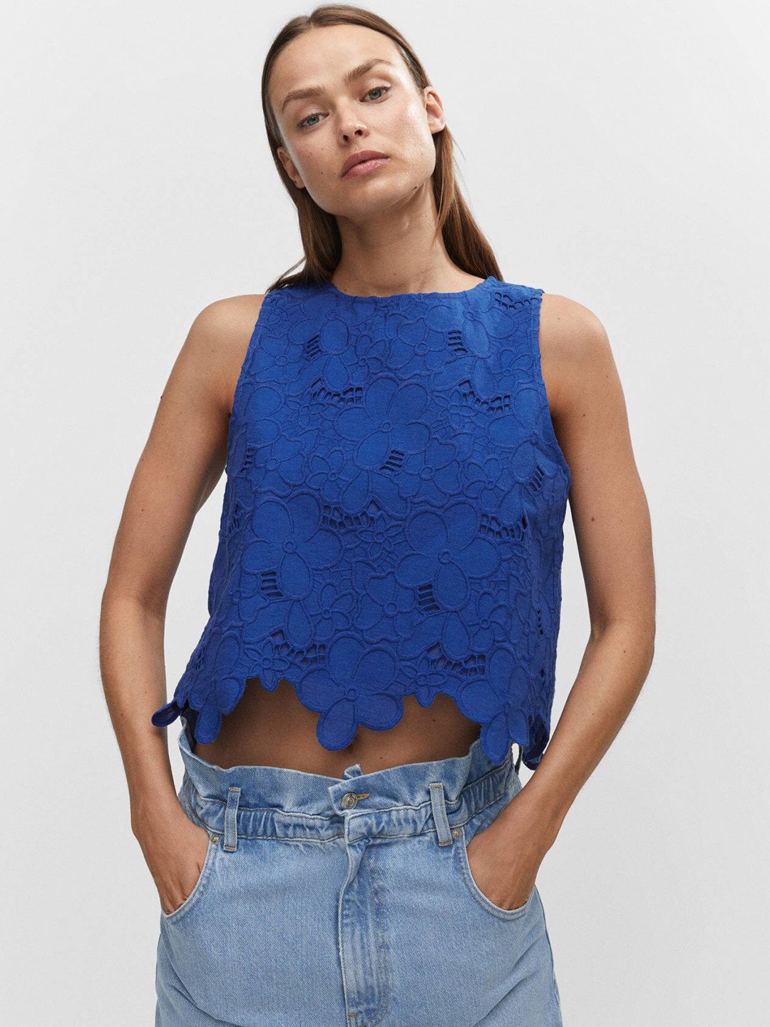 

MANGO Embroidered Cotton Scalloped Hem Top, Blue