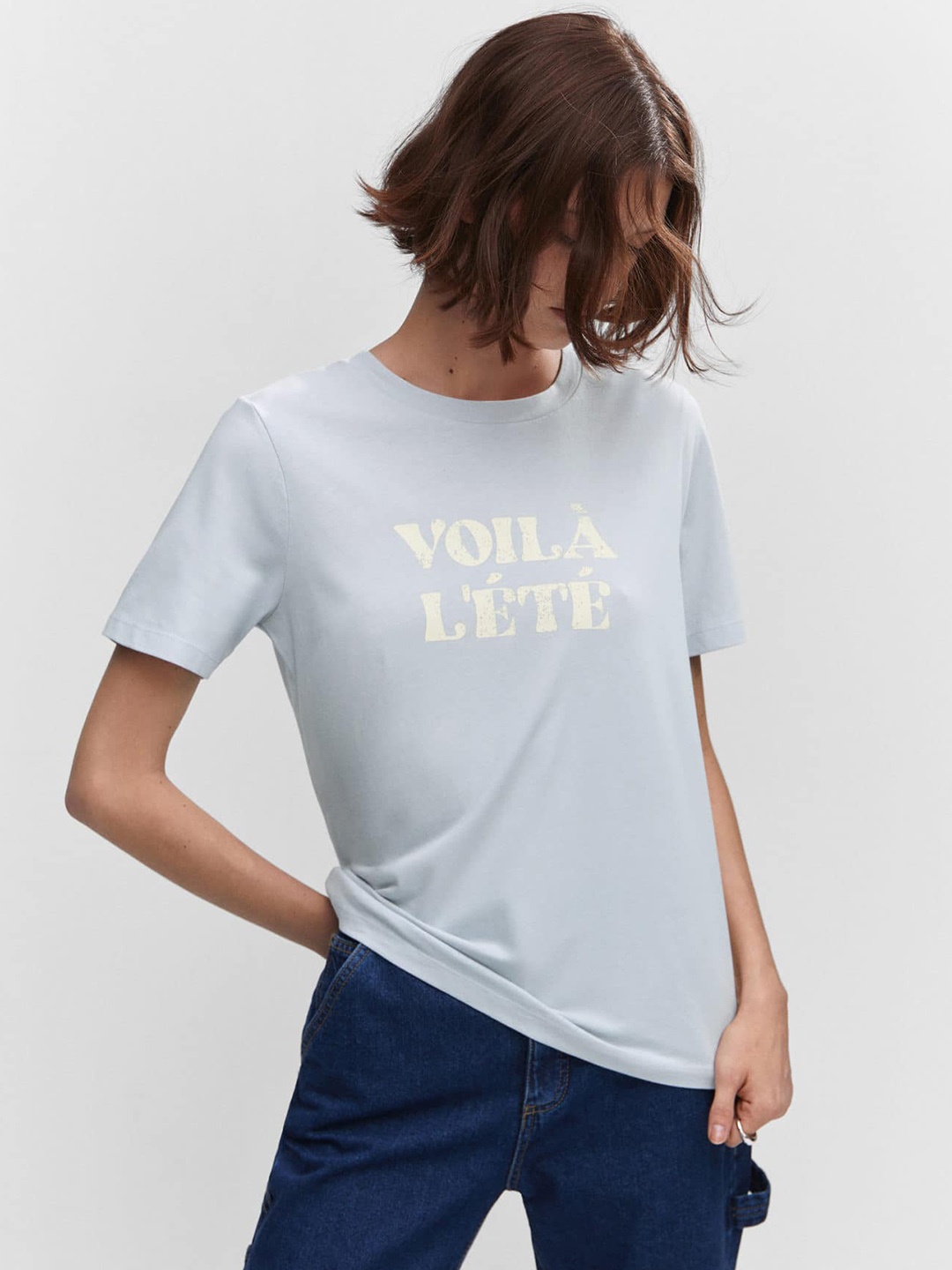 

MANGO Women Typography Printed Pure Cotton T-shirt, Blue