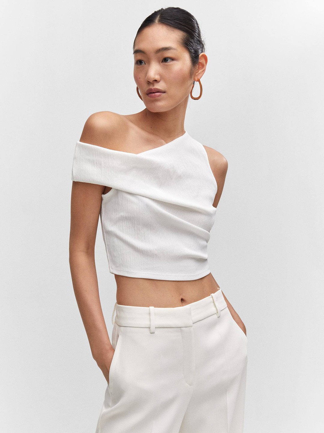 

MANGO Asymmetric One Shoulder Top, White