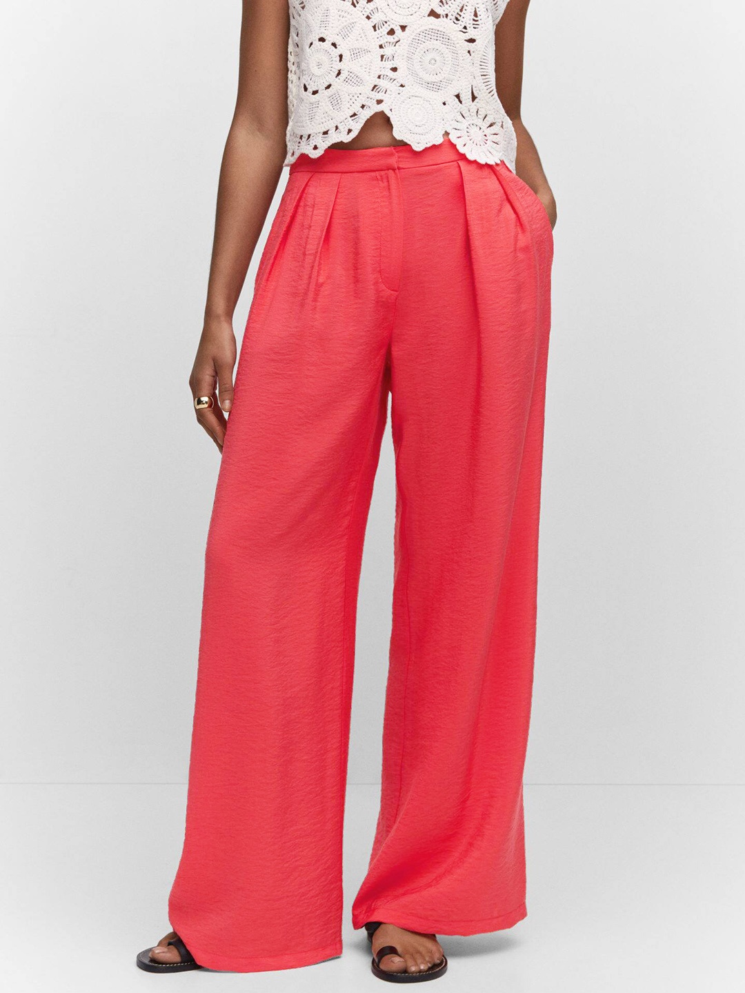 

MANGO Women High-Rise Pleated Wide Leg Trousers, Red