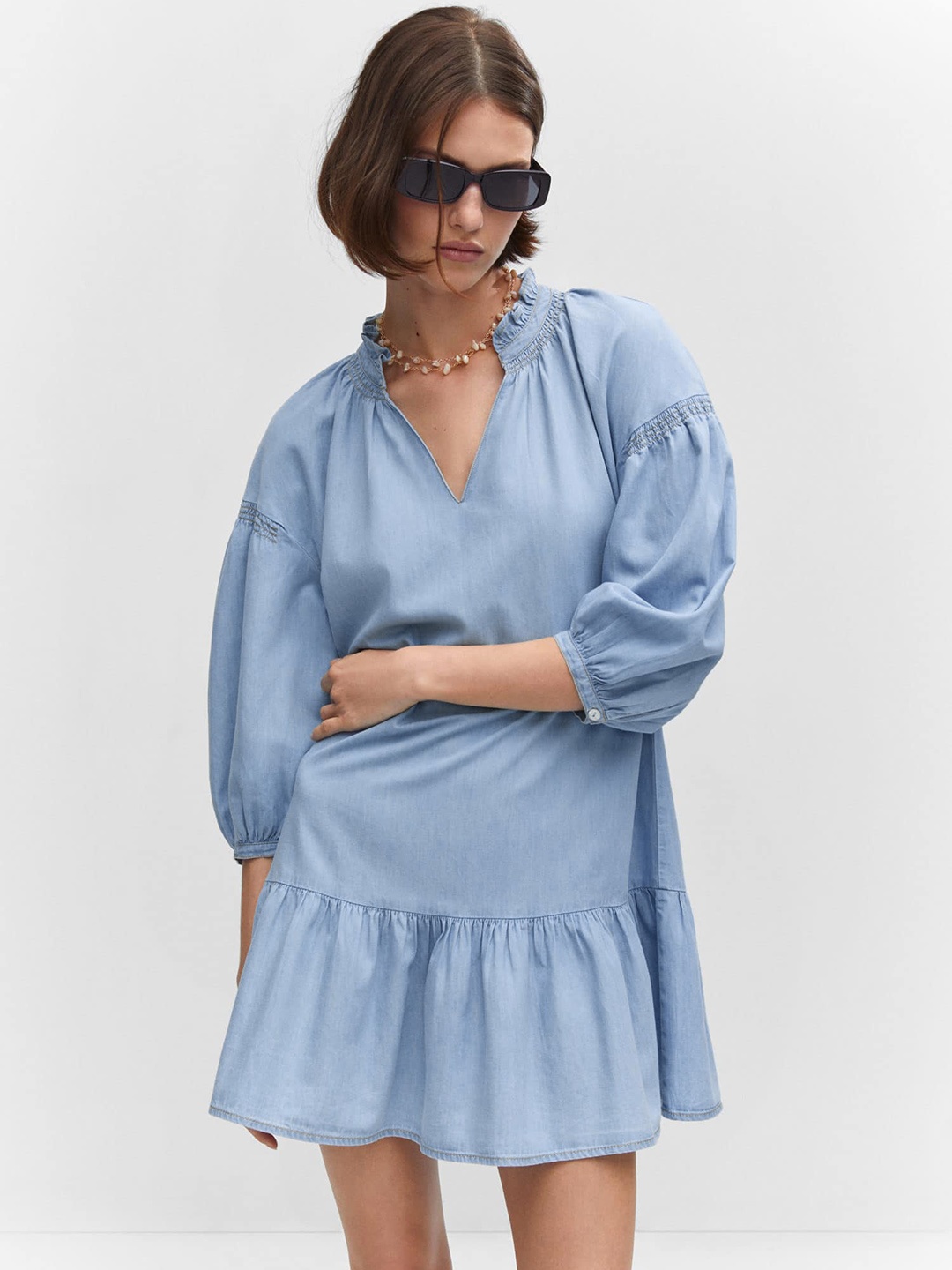 

MANGO Pure Cotton Drop-Waist Chambray Dress, Blue