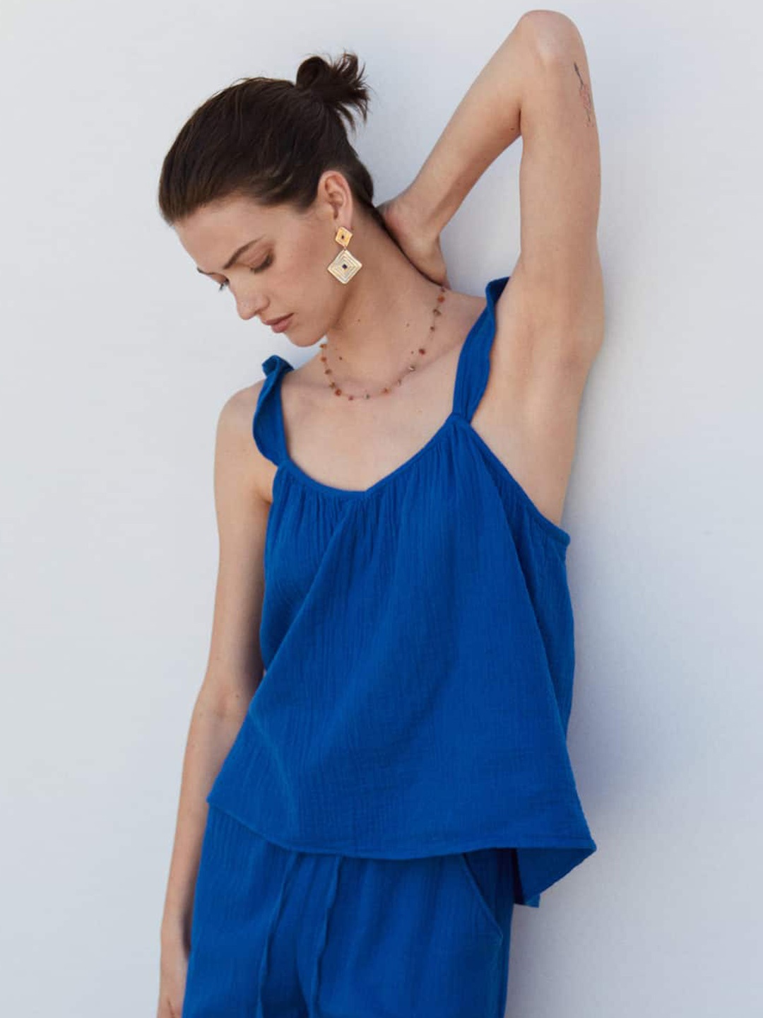 

MANGO Pure Cotton Shoulder Straps Textured Detail Top, Blue