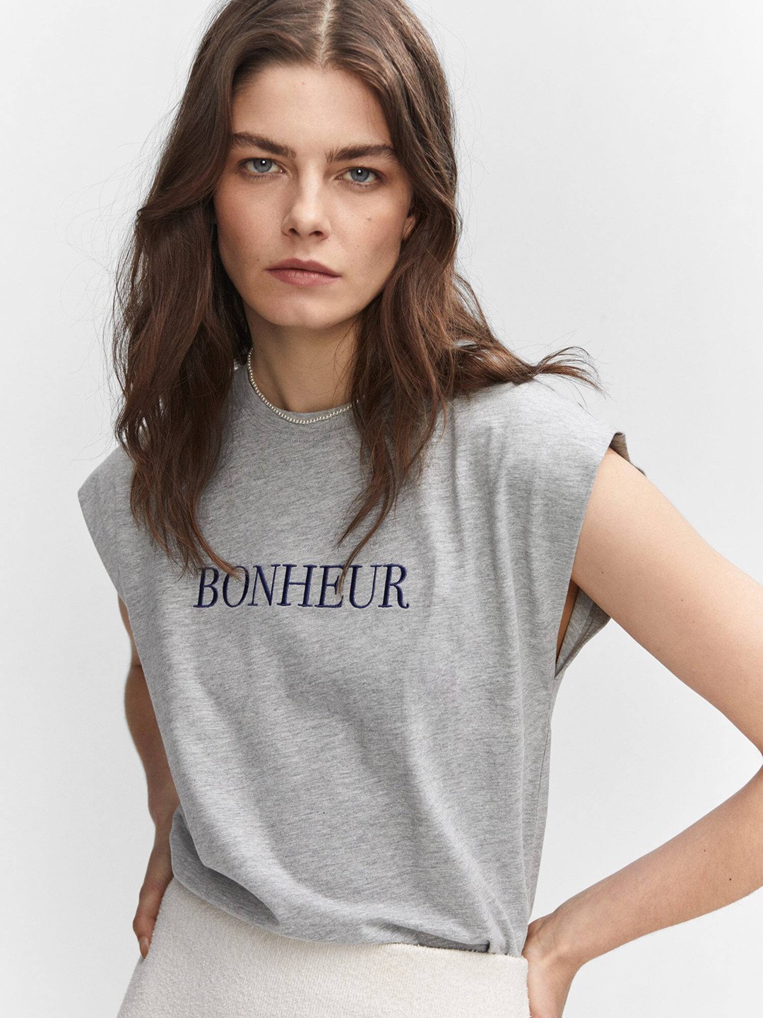 

MANGO Typography Embroidered Extended Sleeves T-shirt, Grey melange