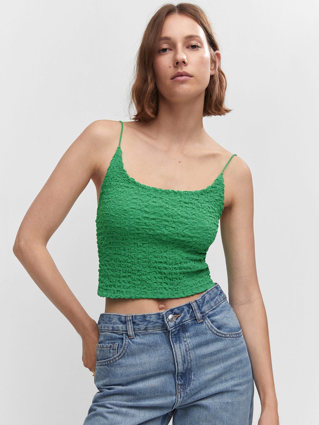 

MANGO Seersucker Crop Top, Green