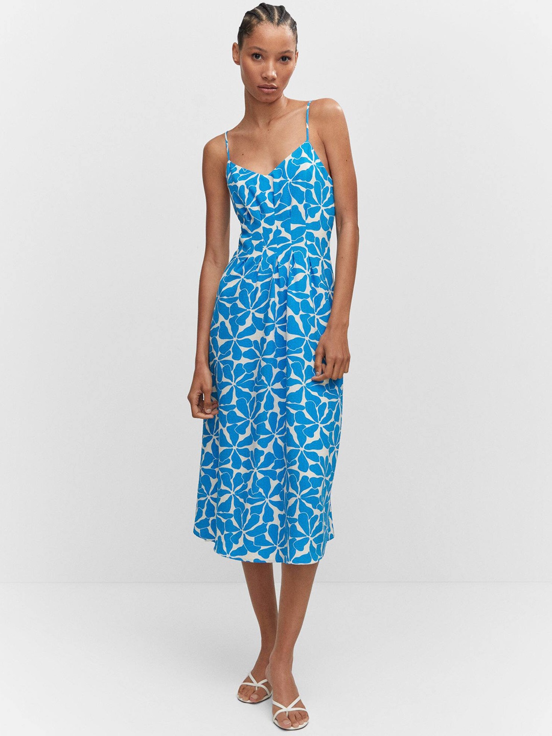 

MANGO Floral Print A-Line Midi Dress, Blue