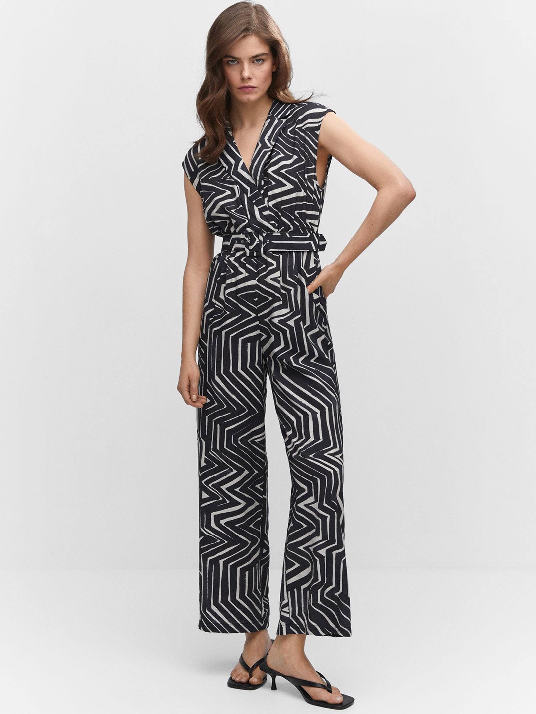 

MANGO Printed Basic Jumpsuit with Belt, Black