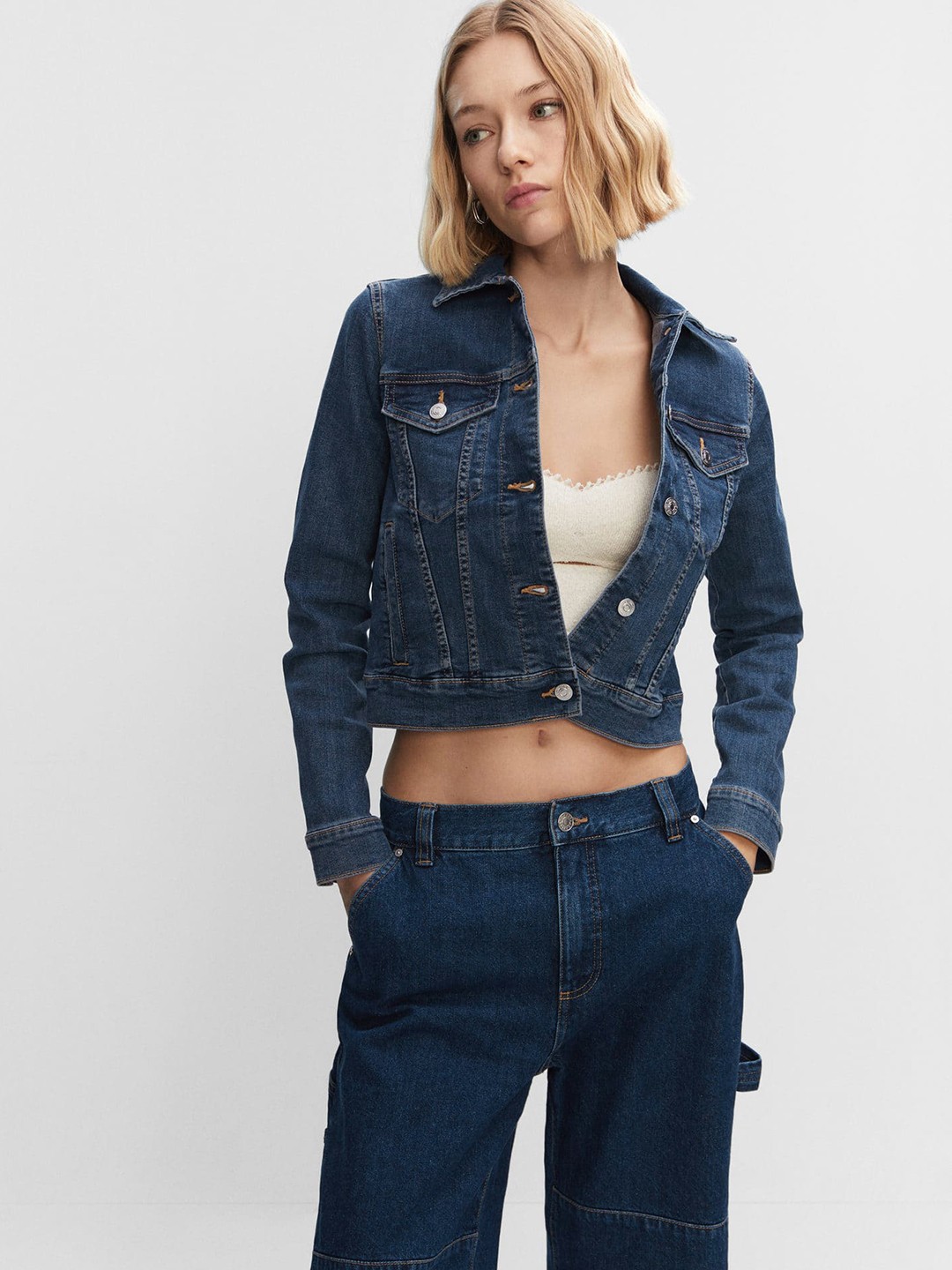 

MANGO Pocket Detail Crop Denim Jacket, Navy blue