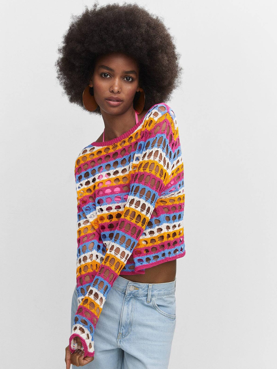 

MANGO Women Striped Crochet Pullover, Multi