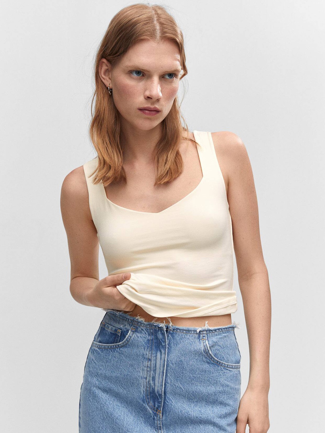 

MANGO Sweetheart Neck Shoulder Straps Fitted Top, Cream