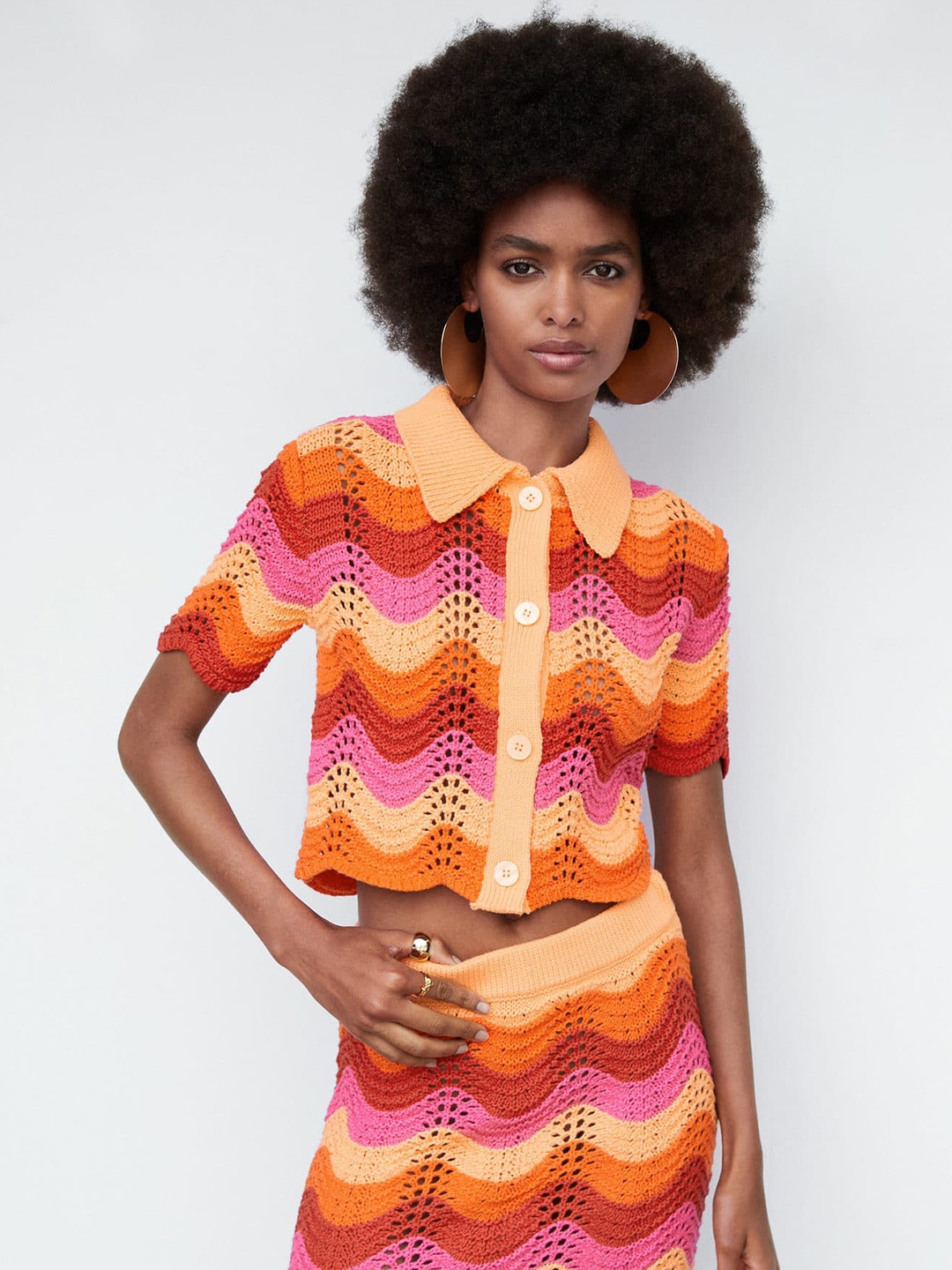 

MANGO Open-Knit Cropped Casual Shirt, Orange