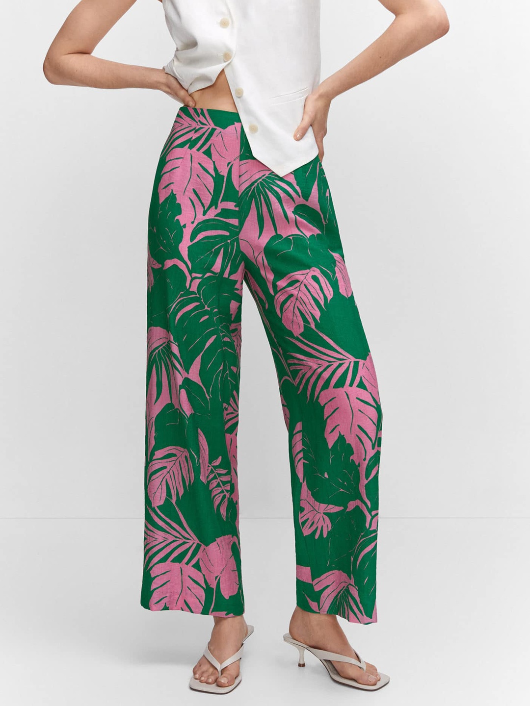 

MANGO Women Floral Print High-Rise Trousers, Green