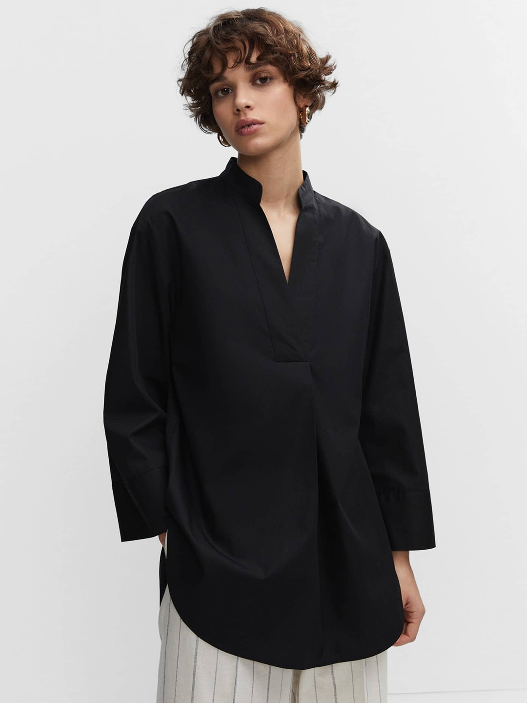 

MANGO Mandarin Collar Pure Cotton Pleated Detail Oversized Longline Top with Side Slits, Black