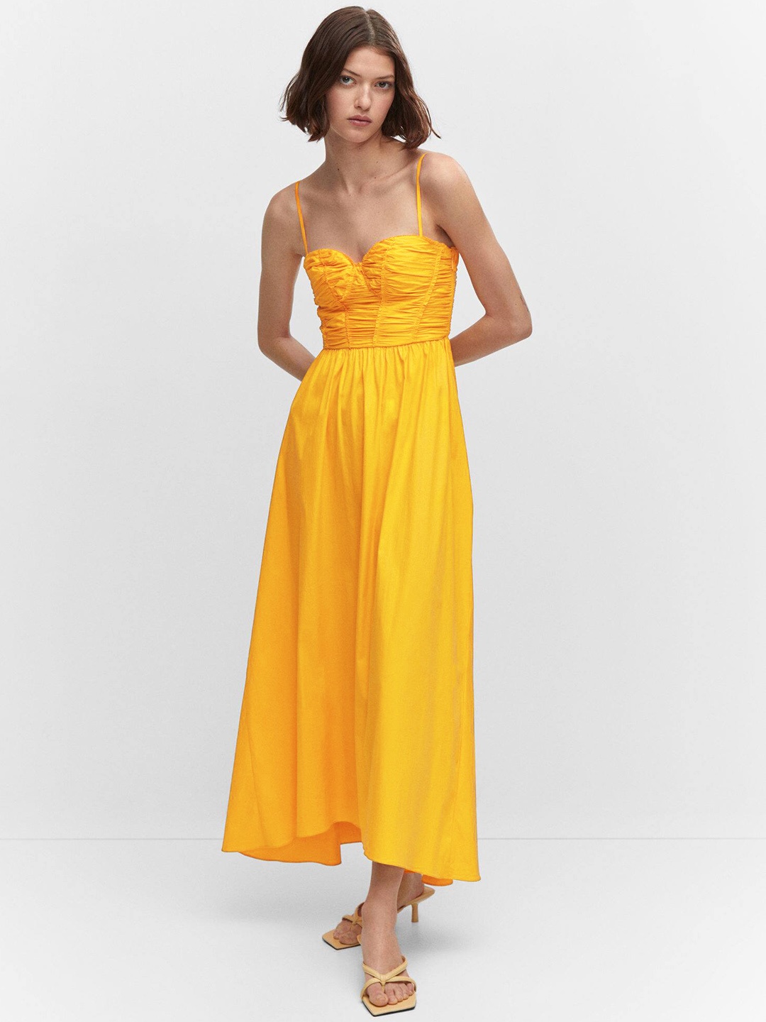 

MANGO Smocked Fit & Flare Maxi Dress, Mustard