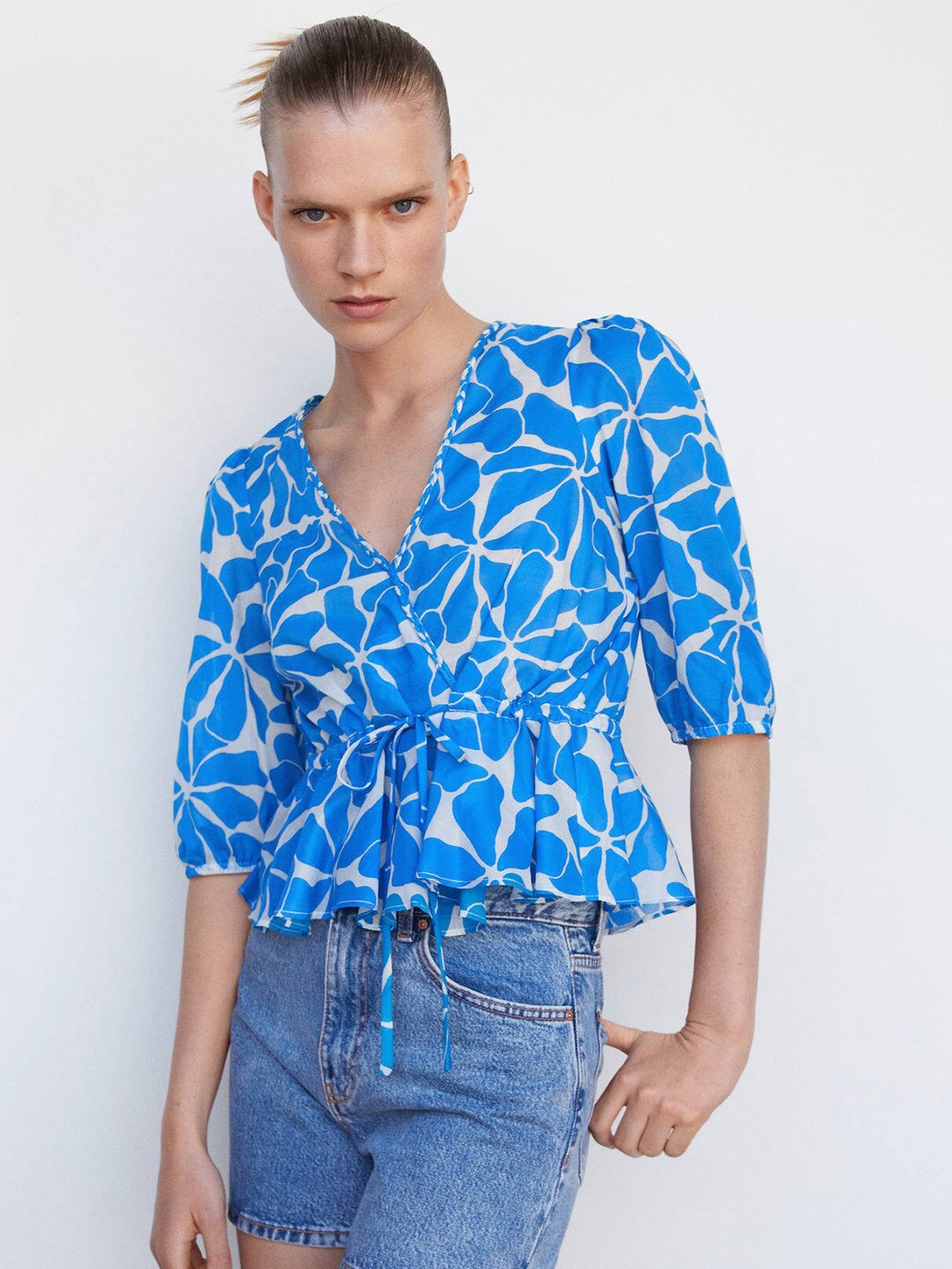 

MANGO Printed Puff Sleeves Cotton Wrap Top, Blue