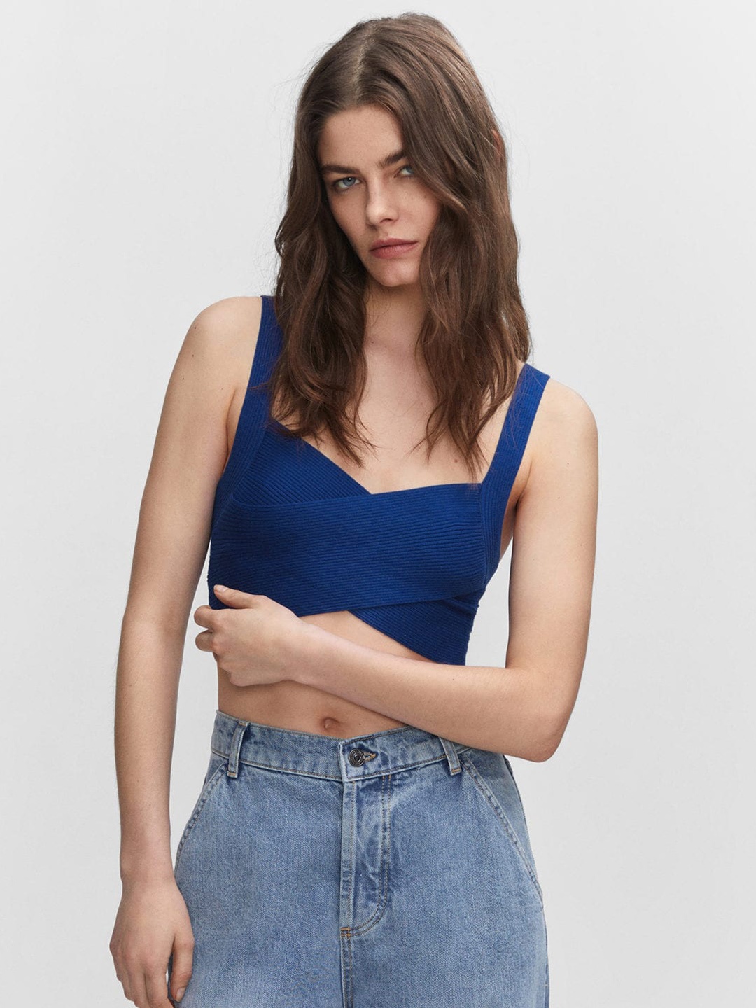 

MANGO Shoulder Straps Ribbed Crop Top, Blue