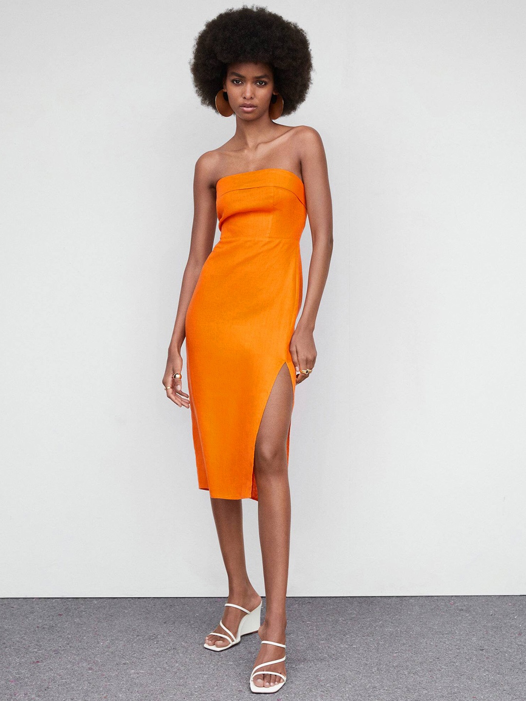 

MANGO Linen Off-Shoulder Sheath Midi Dress, Orange