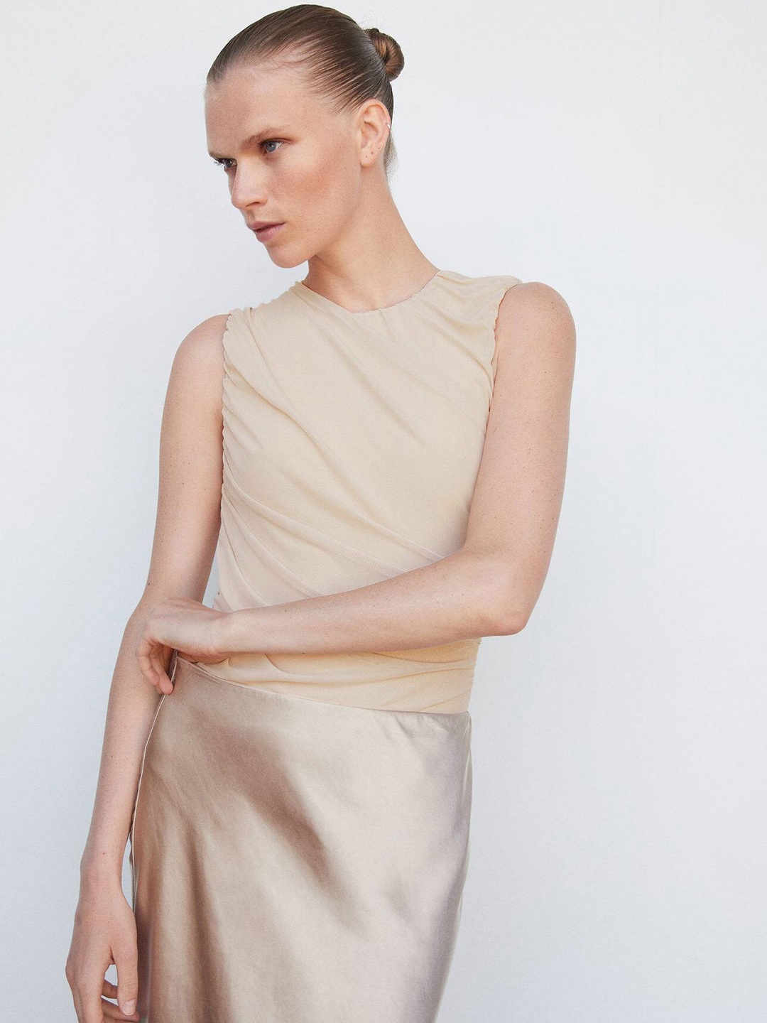 

MANGO Solid Ruched Net Bodysuit, Cream