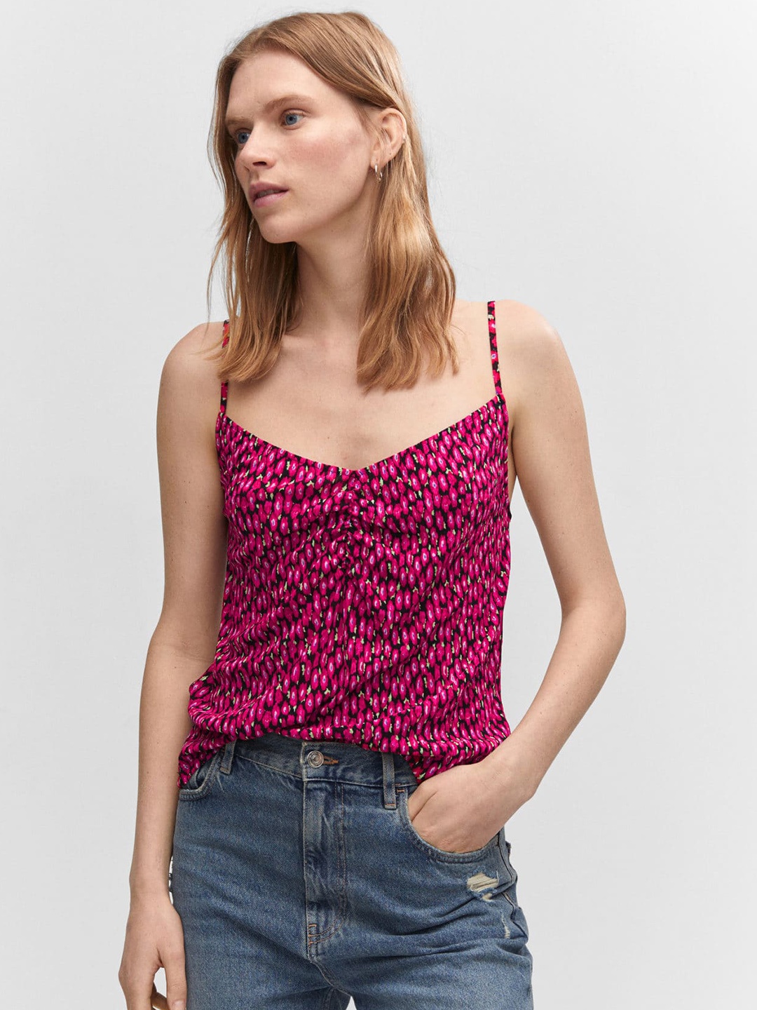 

MANGO Shoulder Straps Floral Printed Top, Pink