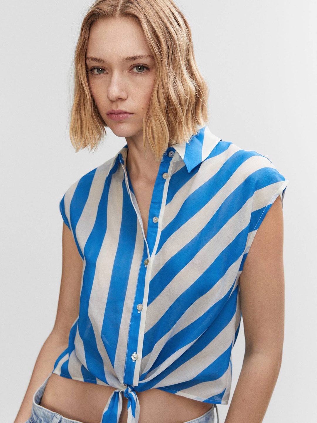 

MANGO Pure Cotton Striped Knot-Detail Shirt-style Top, Blue