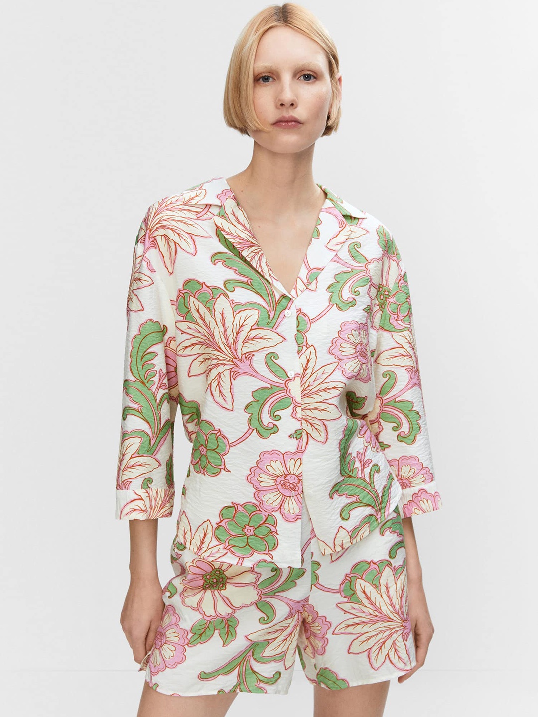 

MANGO Textured Floral Opaque Printed Casual Shirt, Pink