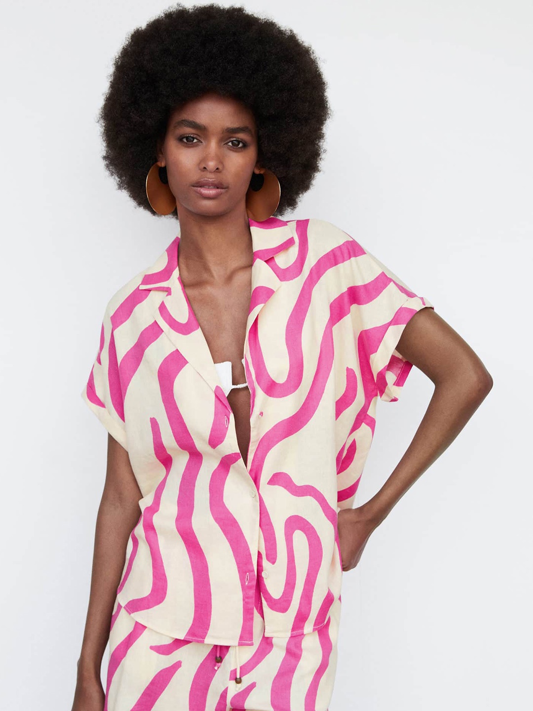 

MANGO Printed Cuban Collar Shirt, Off white