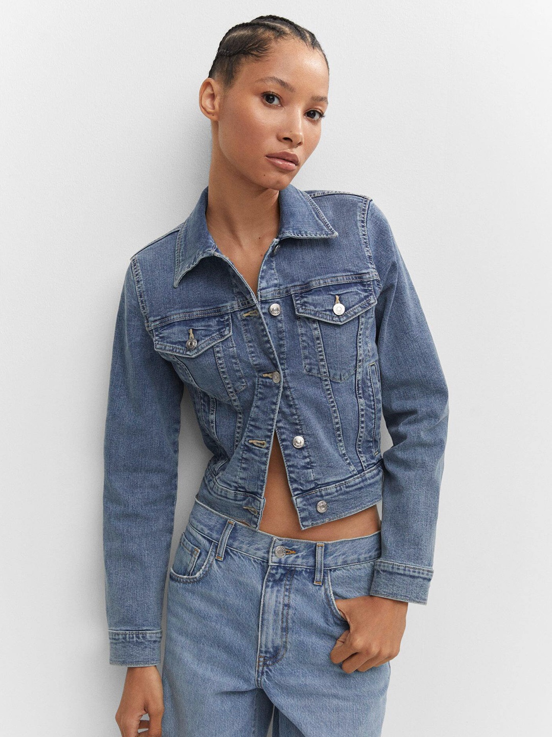 

MANGO Women Solid Denim Jacket, Blue