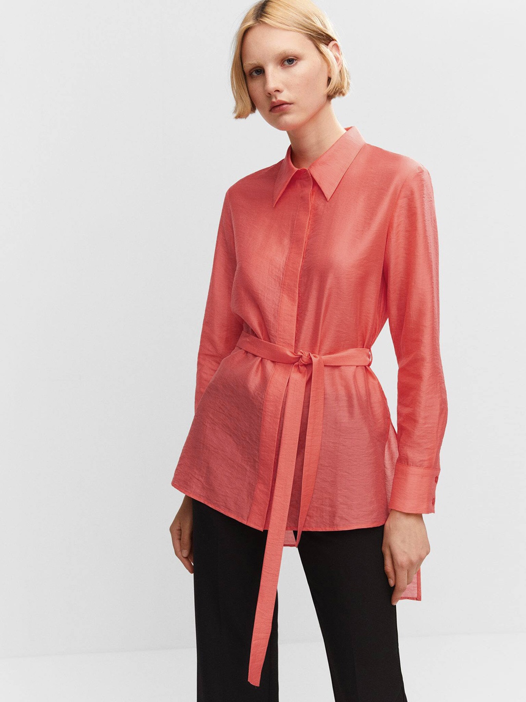 

MANGO Women Casual Shirt with Belt, Coral