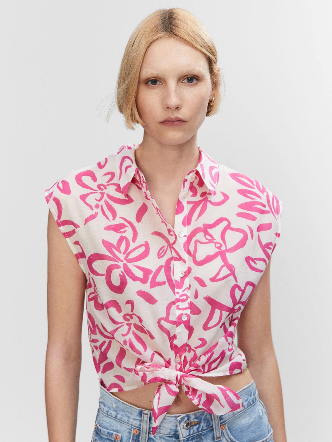 

MANGO Cotton Floral Print Tie-Up Shirt, Pink