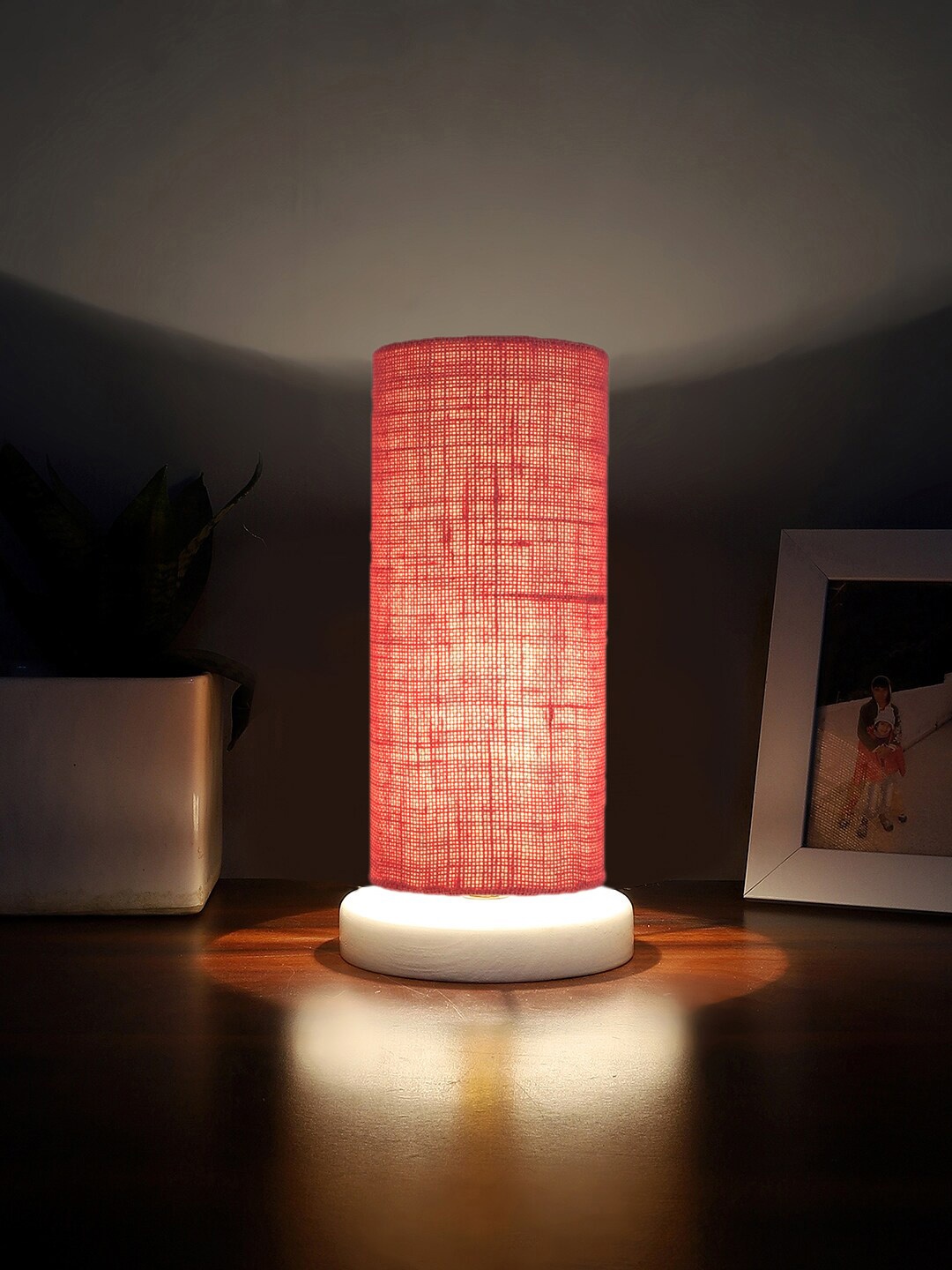 

Devansh Pink & White Textured Jute Table Lamp With Wooden Base
