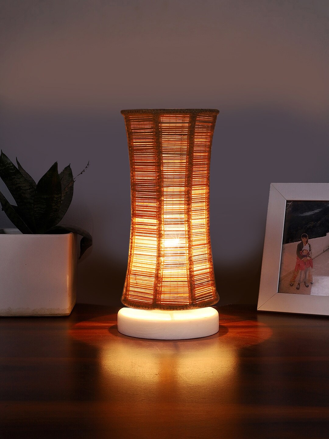 

Devansh Beige & White Textured Bamboo Table Lamp With Wooden Base