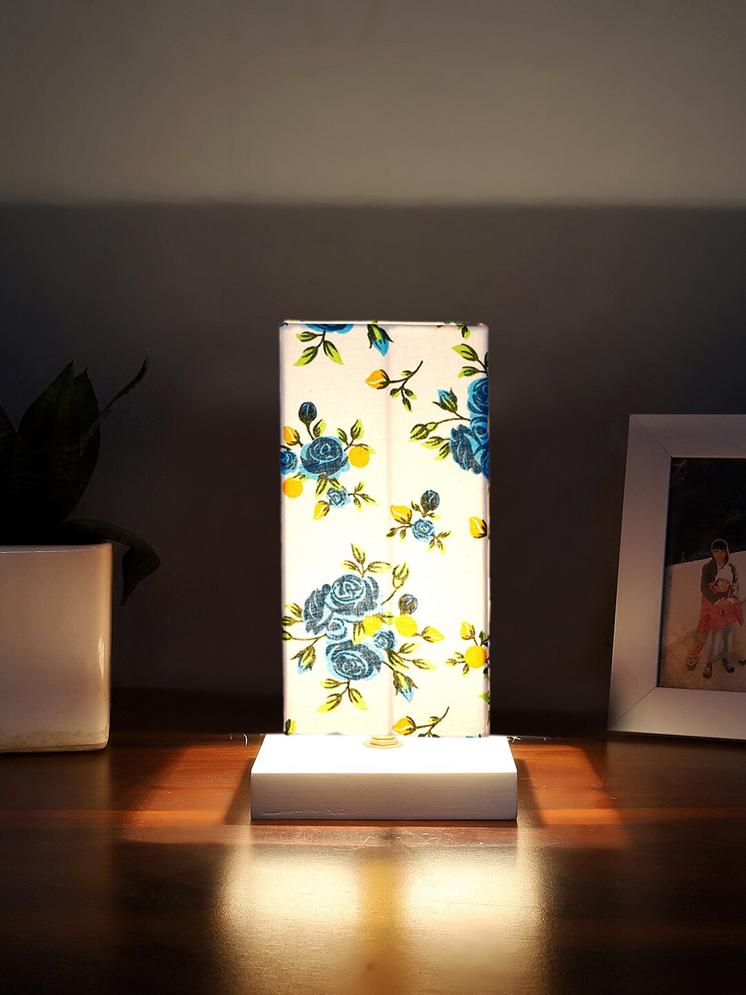 Devansh White Floral Printed Cotton Square Table Lamp With Wood Base