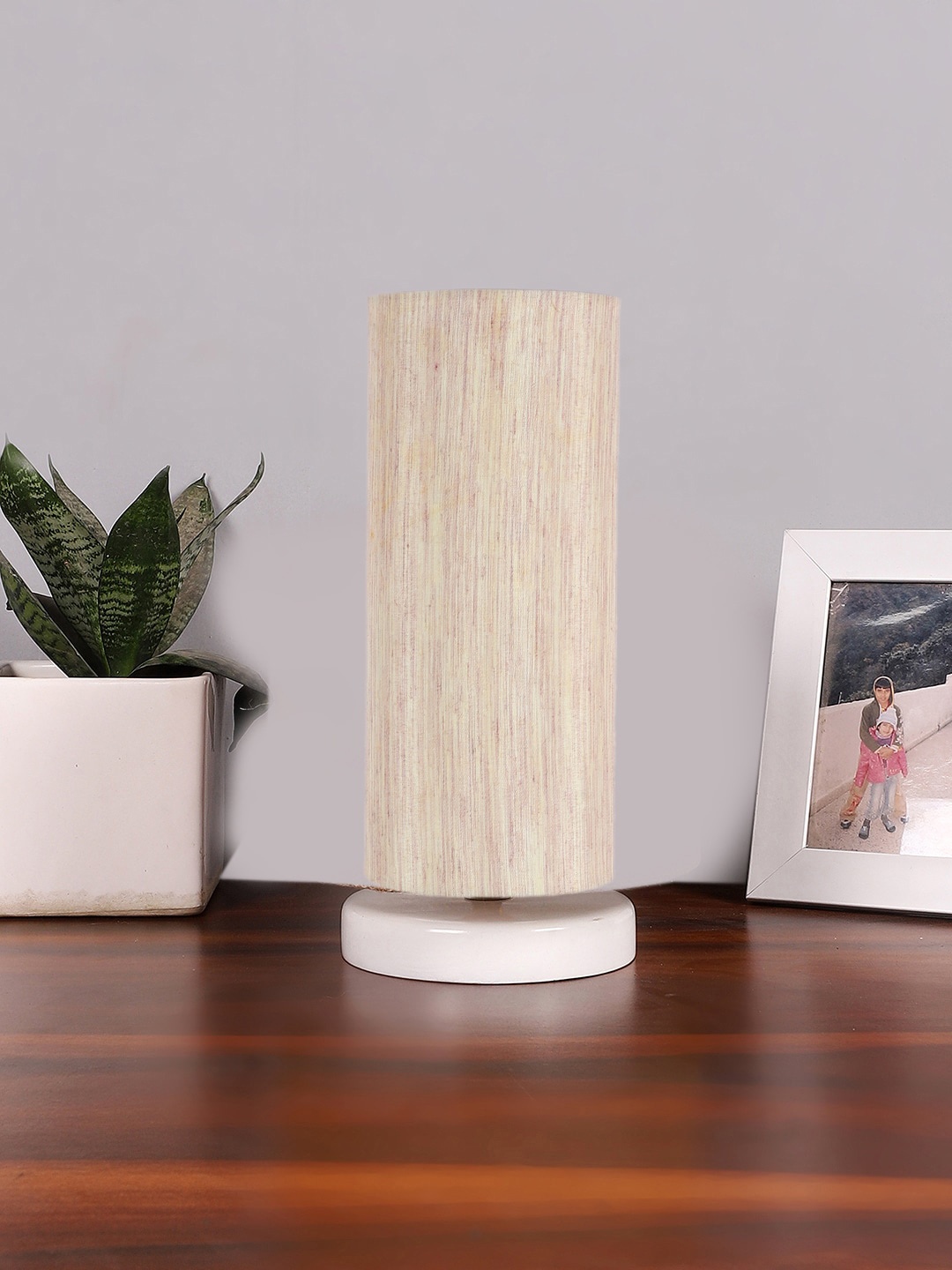 

Devansh Off-White & White Textured Cotton Table Lamp With Wooden Base