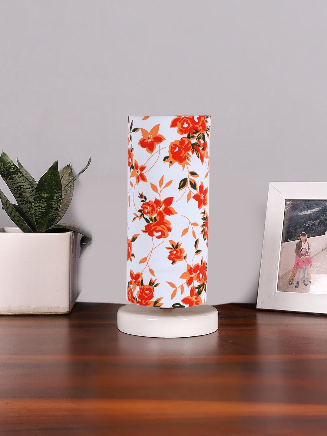 Devansh White & Orange-Coloured Printed Cotton Table Lamp With Wooden Base