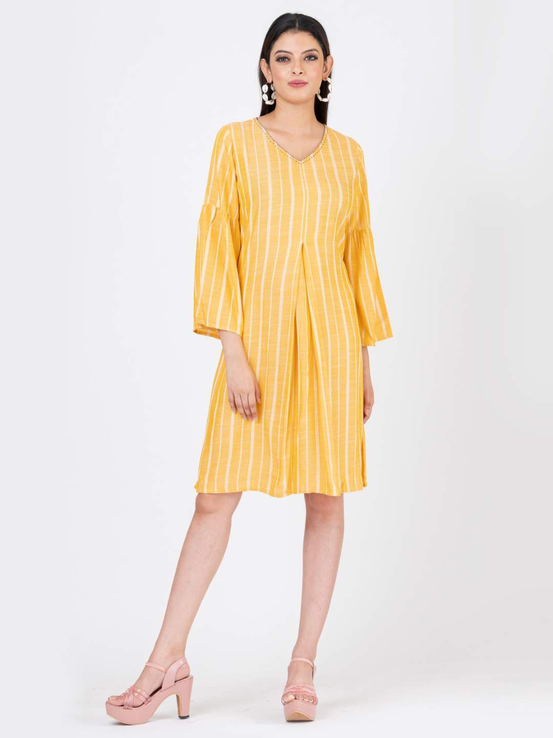

S&F Striped V-Neck Bell Sleeves A-Line Dress, Yellow