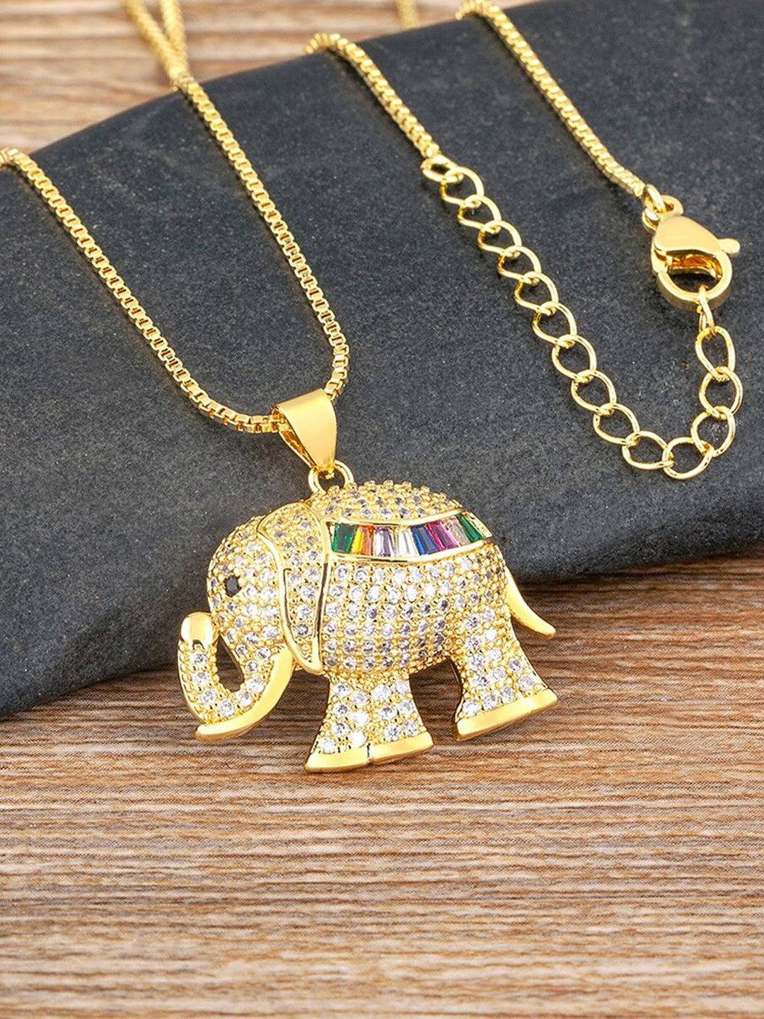 

ZIVOM Gold-Plated Cubic Zirconia Studded Rainbow Elephant Pendant With Chain