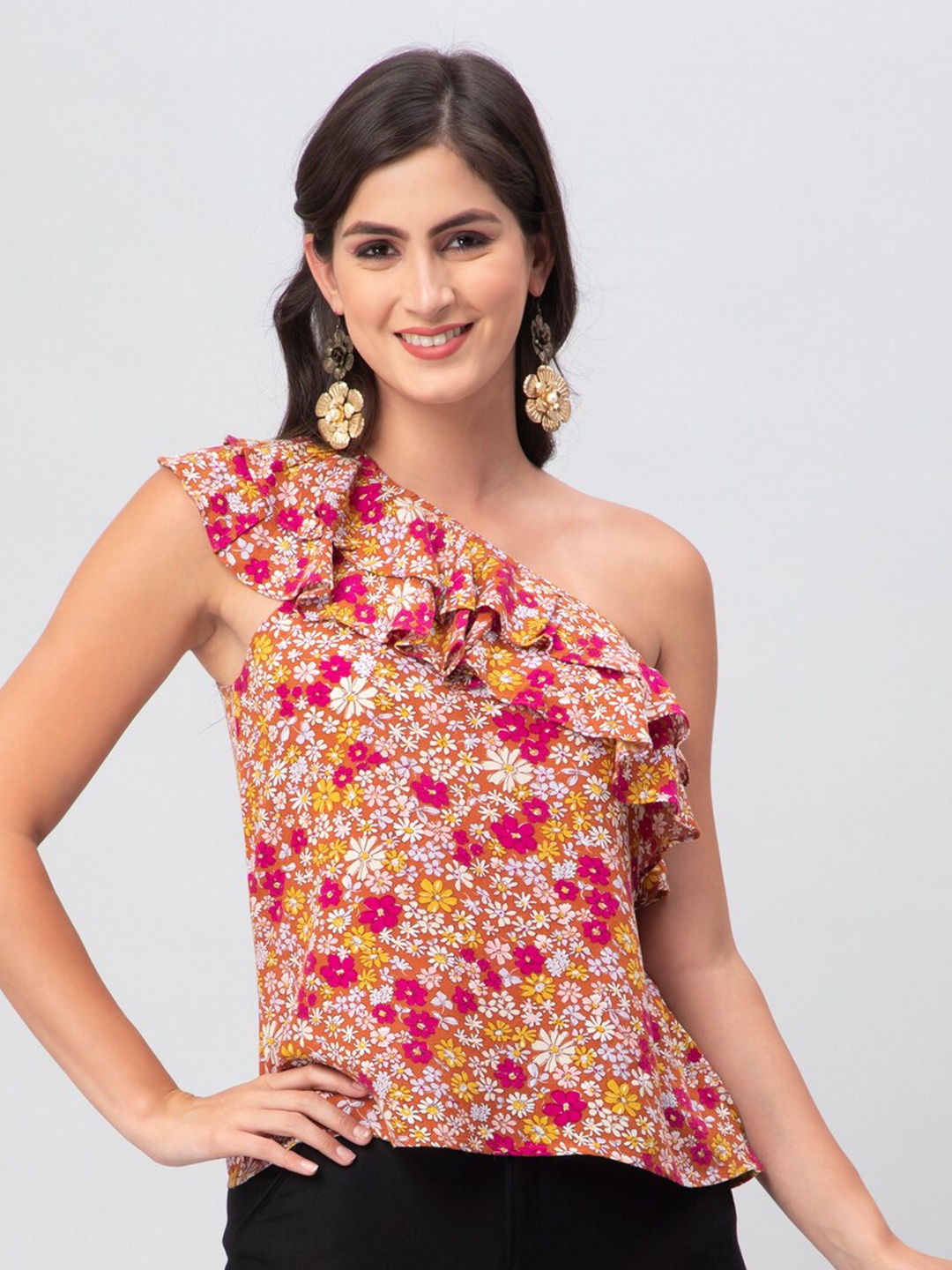 

DEBONATELLA Floral Printed One Shoulder Ruffles Top, Orange