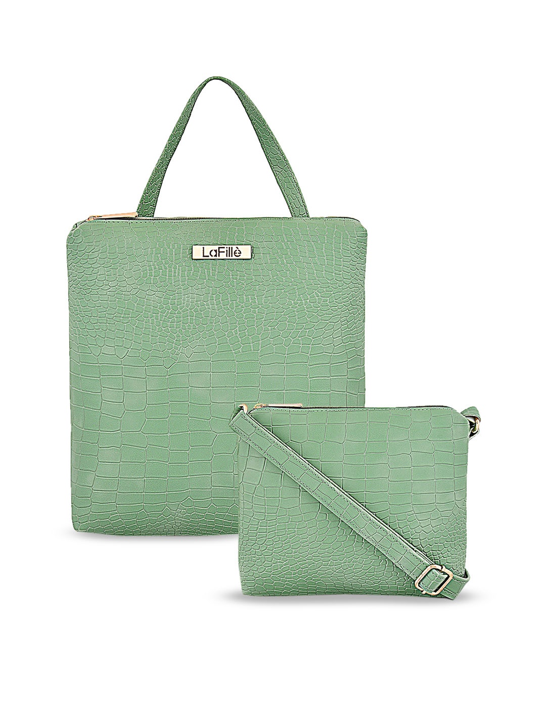LaFille Set Of 2 Textured PU Structured Handheld Bag With Sling Bag, Green