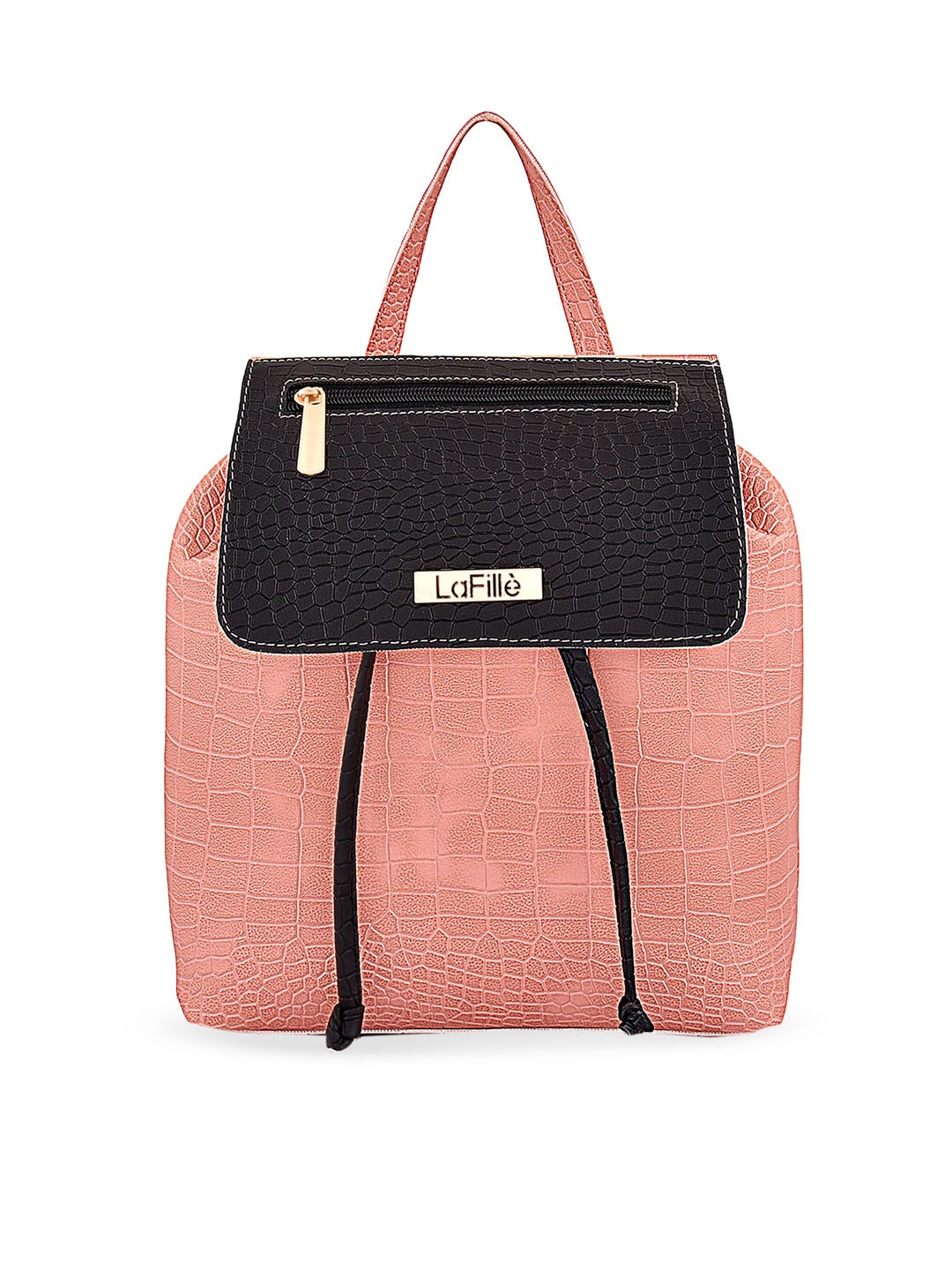 

LaFille Peach-Coloured Textured PU Structured Handheld Bag