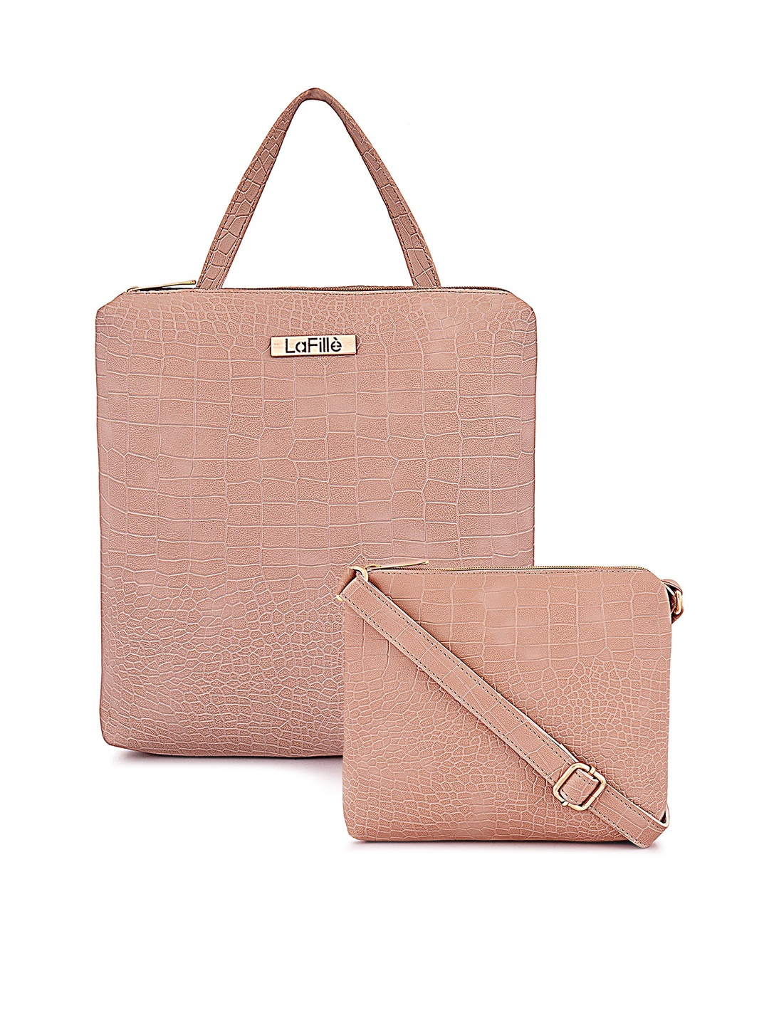 

LaFille Set Of 2 Textured PU Structured Handheld Bag With Sling Bag, Beige