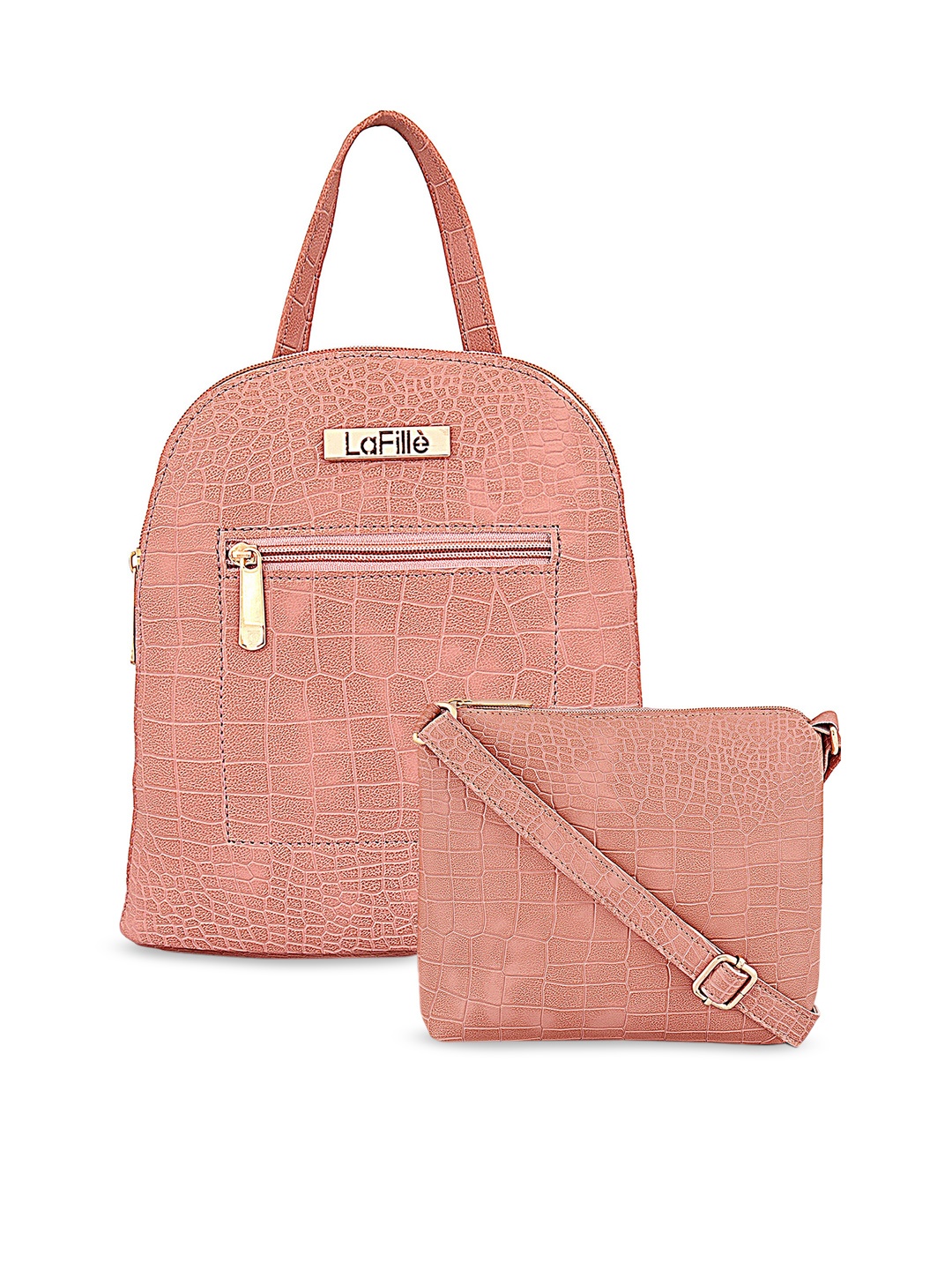 

LaFille Set Of 2 Textured PU Structured Handheld Bag With Sling Bag, Peach