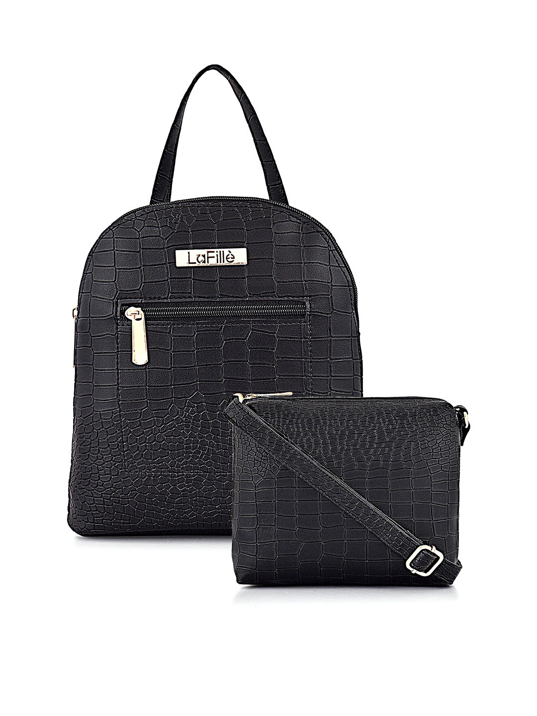 

LaFille Set Of 2 Textured PU Structured Handheld Bag & Sling Bag, Black