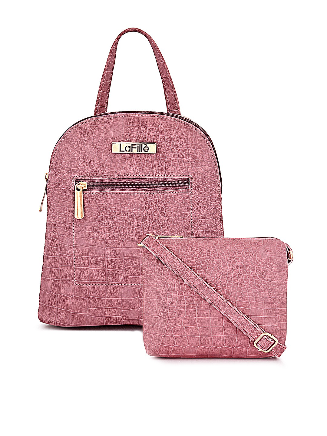 

LaFille Set Of 2 Textured PU Structured Handheld Bag With Sling Bag, Peach