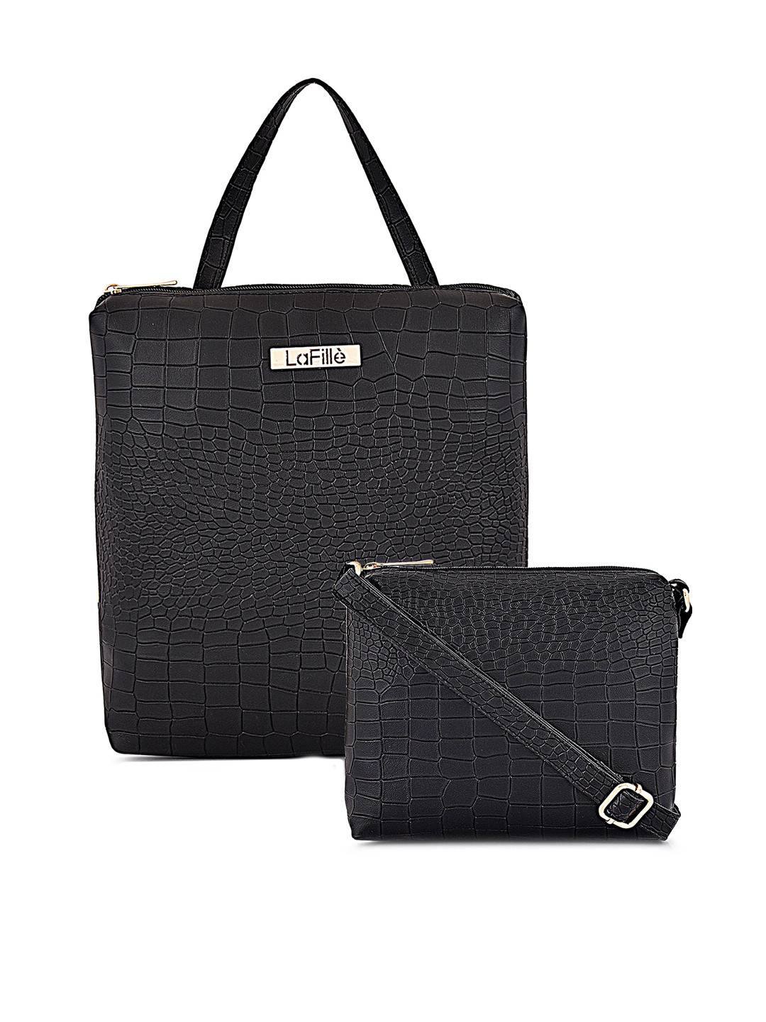 

LaFille Set Of 2 Textured PU Oversized Shopper Handheld Bag, Black