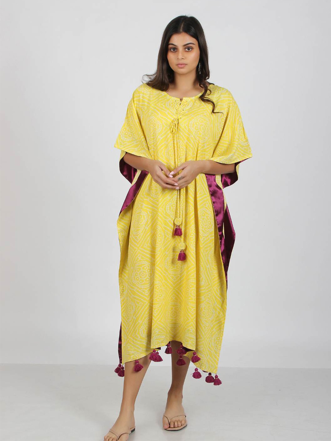 

S&F Ethnic Motifs Bandhini Printed Kimono Sleeves Kaftan Midi Dress, Yellow